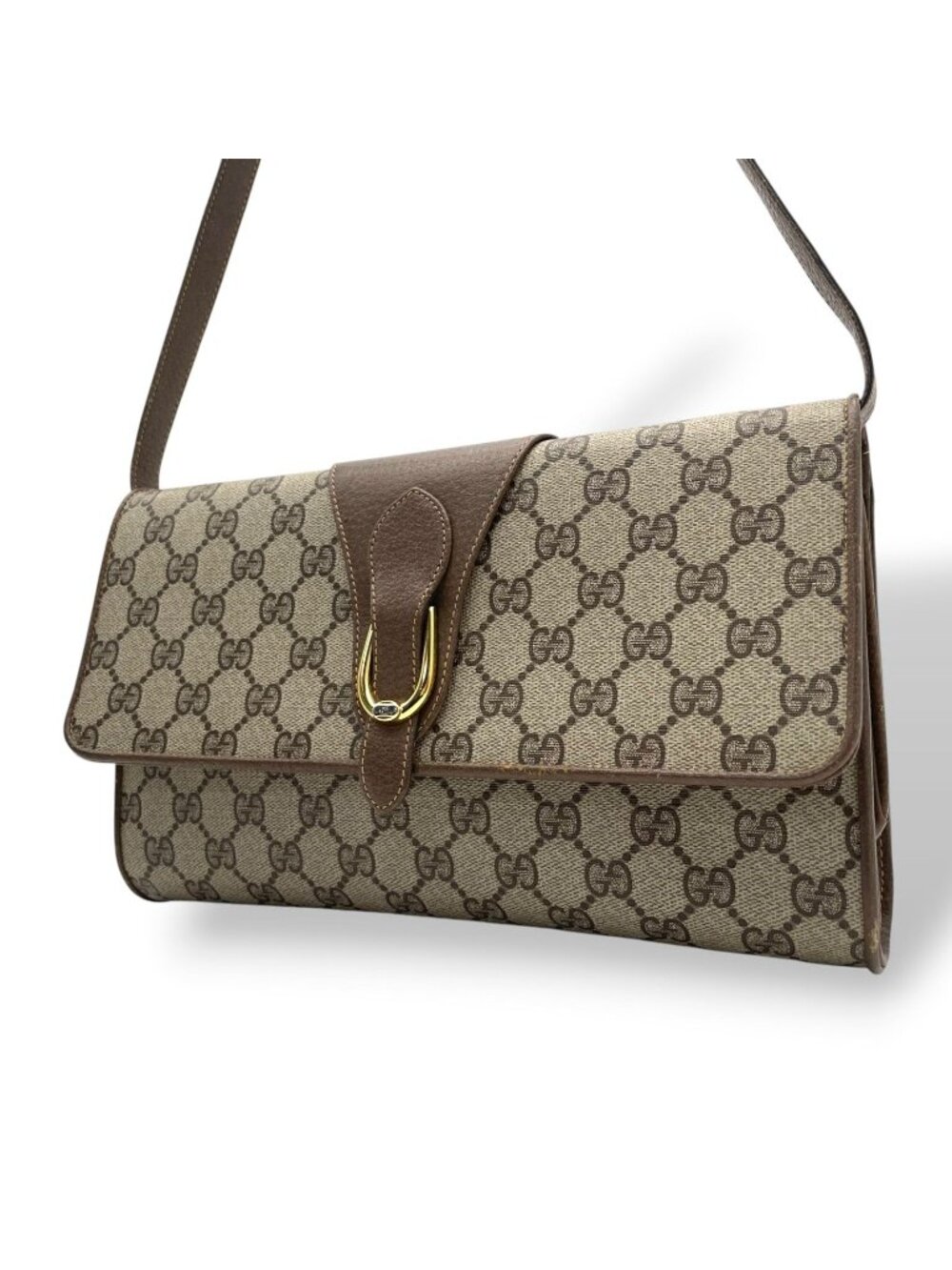 Gucci Shoulder Bag Crossbody Vintage GG Plus Leather Gray Brown Gold Simple